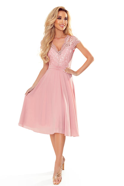 Numoco 381-1 LINDA - chiffon dress with lace neckline - dirty pink