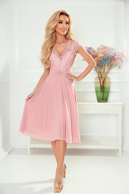 Numoco 381-1 LINDA - chiffon dress with lace neckline - dirty pink